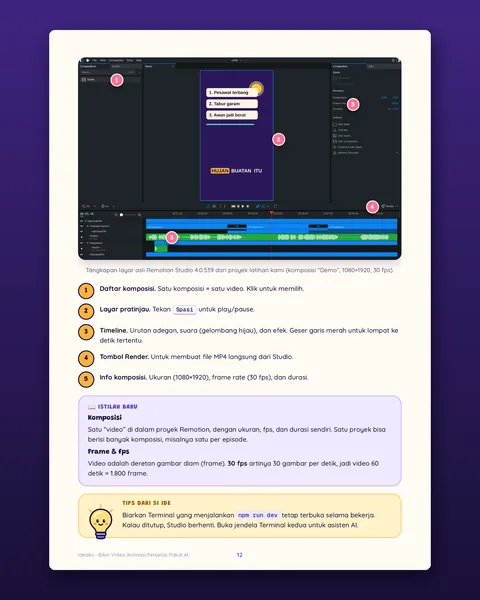 Halaman 12 ebook: tangkapan layar Remotion Studio dengan penjelasan bagian-bagiannya